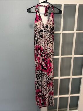FCNY Pink Animal Print Patterned Maxi Halter Dress Wooden Hoops Size L